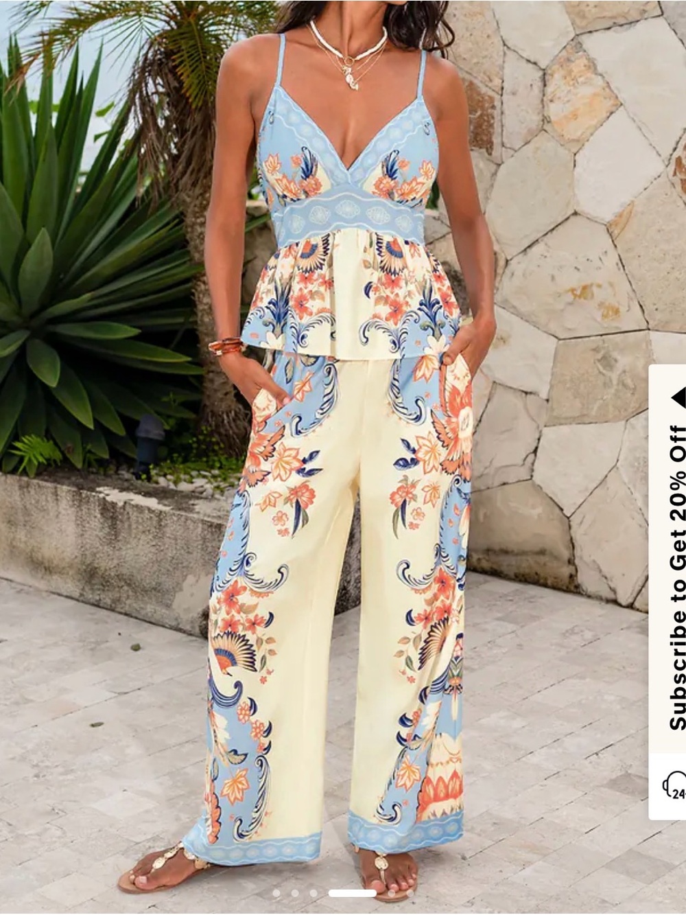 Cupshe Blue and Cream Floral Wide-Leg Jumpsuit